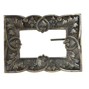 Antique Victorian Sash Pin Brooch – Ornate Floral Scrollwork Hearts – Brass Tone